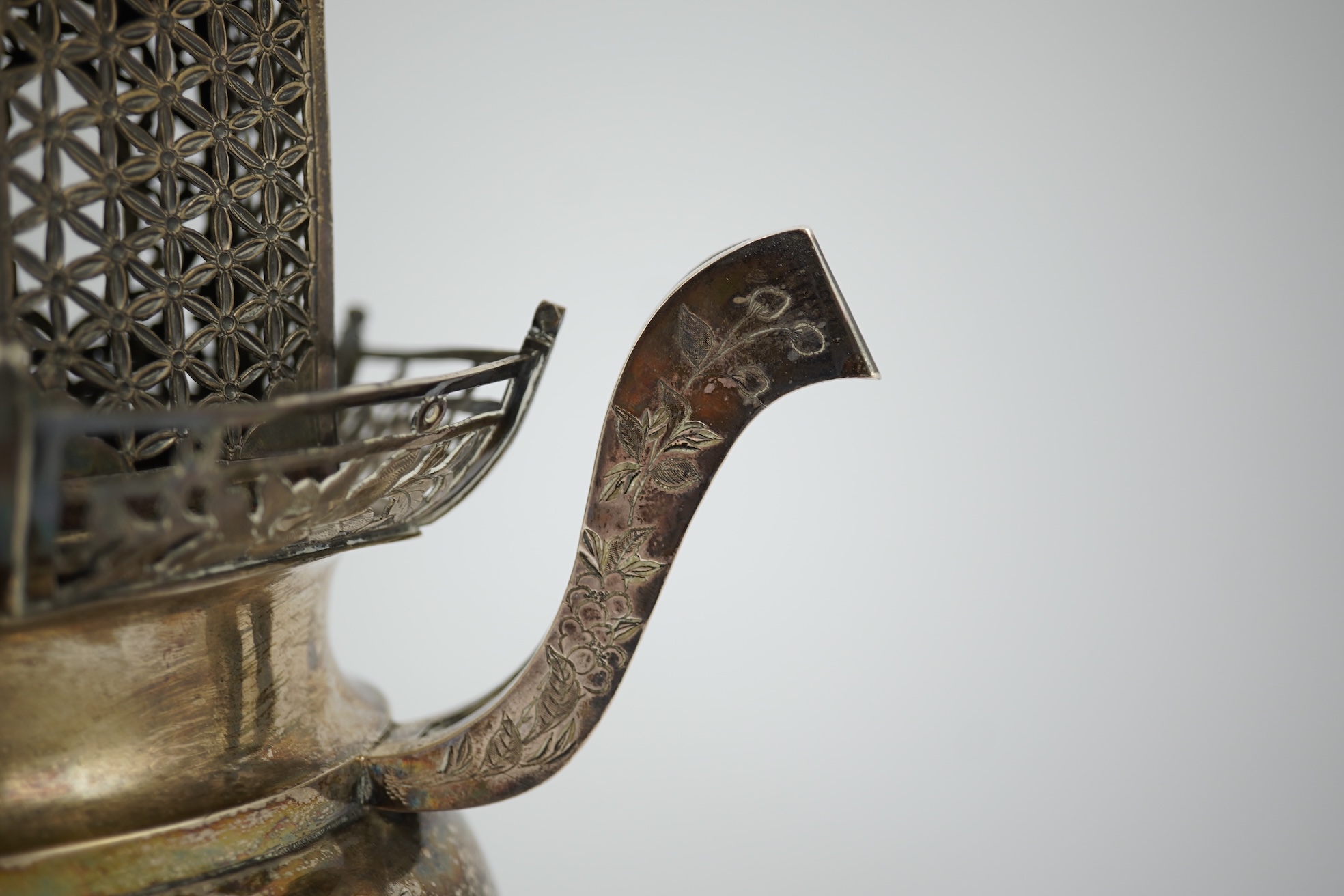 An unusual Chinese silver tripod censer with pagoda shaped cover, ding, early 20th century